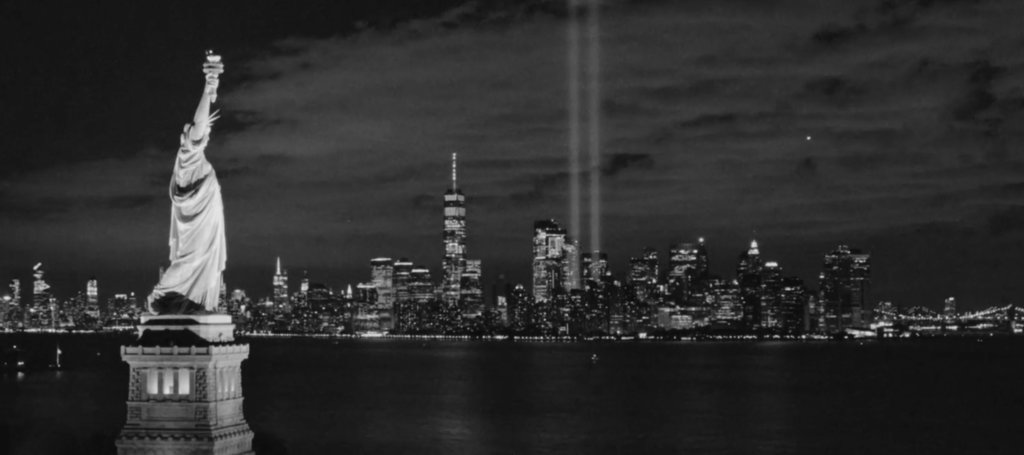 B&W NYC skyline with Statue of Liberty