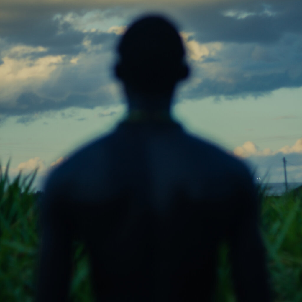 A Man With A Blue Shirt Looking Up At The Sky With Clouds In A Green Field