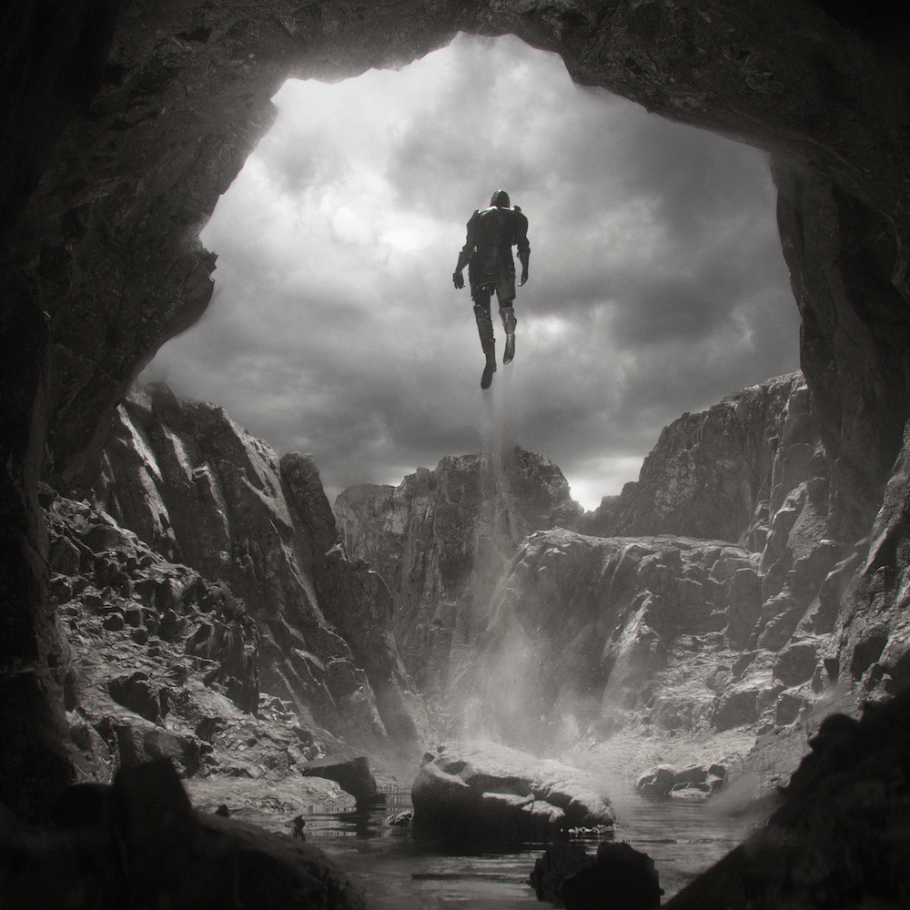 An Armored Man Flying Out Of A Rocky Cave