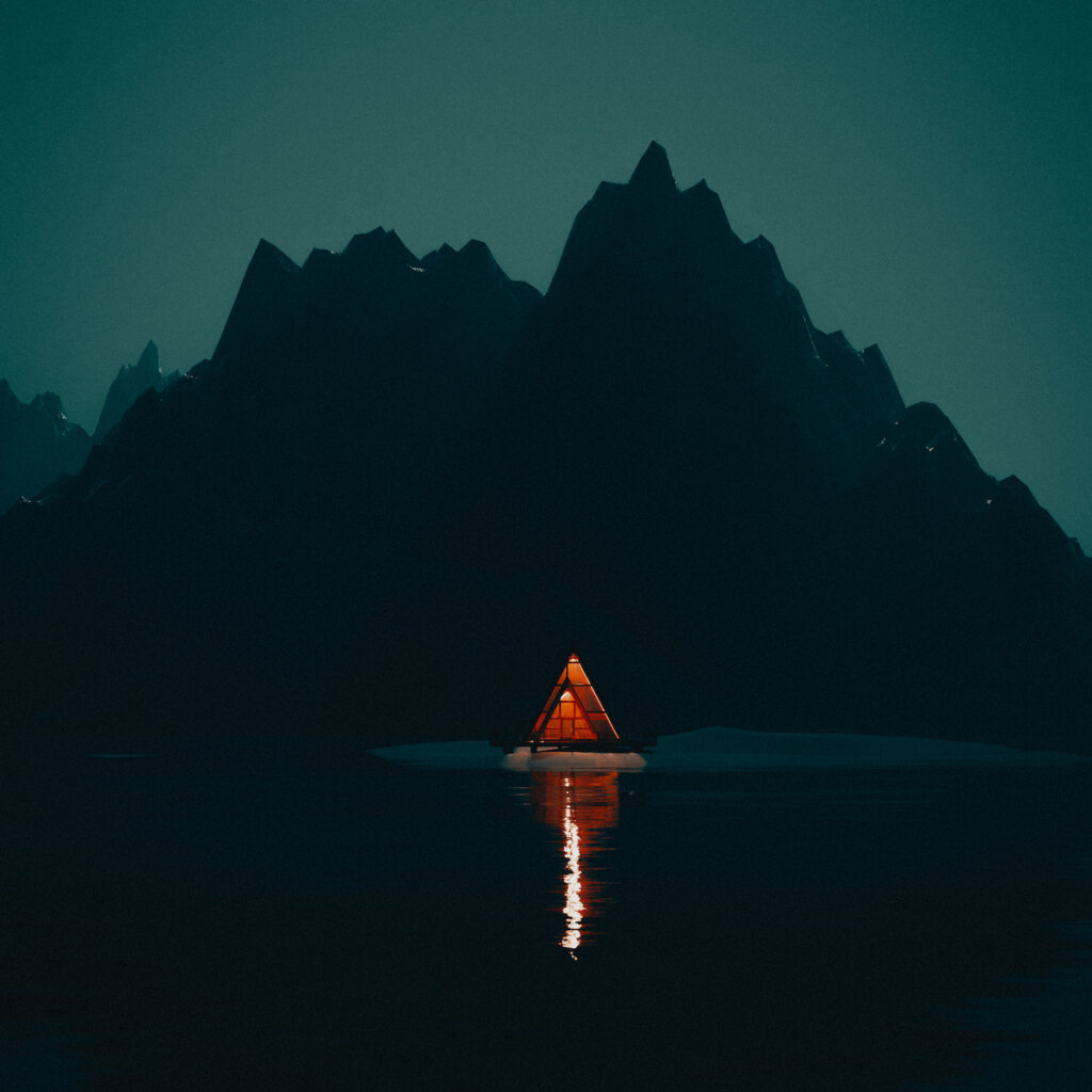 A Serene Beach At Night With An Illuminated Tent By The Water