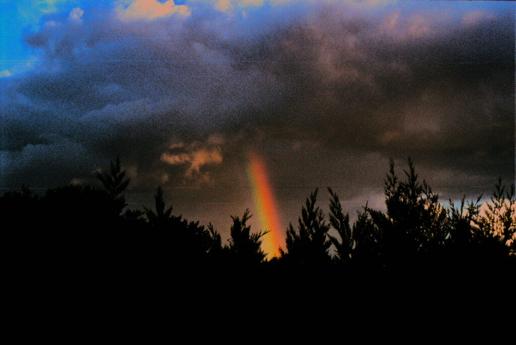 Rainbow Forming In The Middle Of Dark Clouds Seen From A Forest Angle