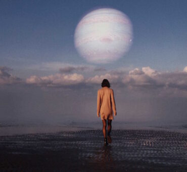 Woman Walking Abstractly With Clouds And A Planet On The Horizon